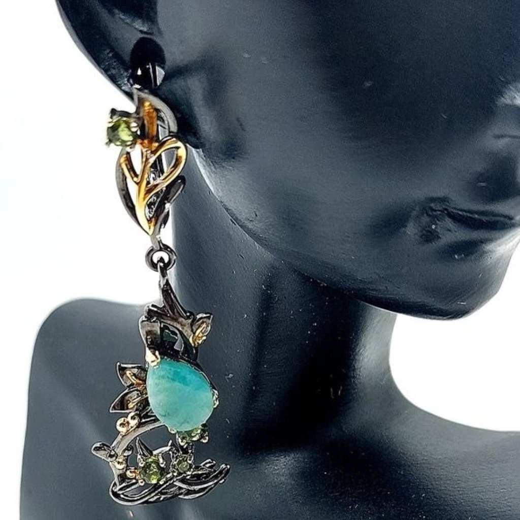 Natural Emerald 8x6mm & Chrome Diopside 925 Sterling Silver Earrings